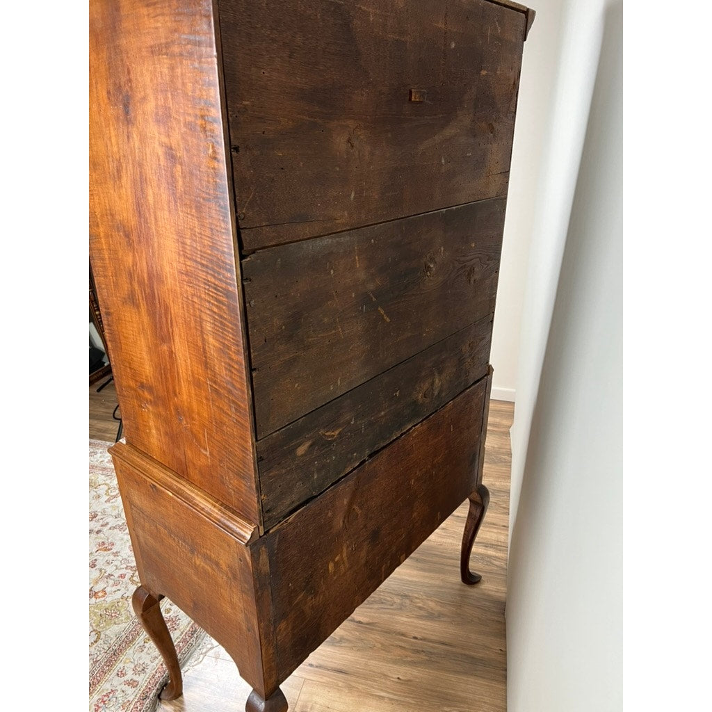Antique 18th Century New England Maple Queen Anne Cornice Top Highboy with Slipper Feet
