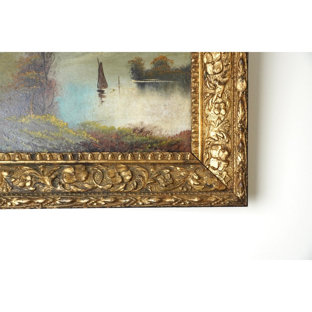 Antique Victorian Oil on Board Painting of Lake Scene with a Sailboat Unsigned c. Late 19th Century