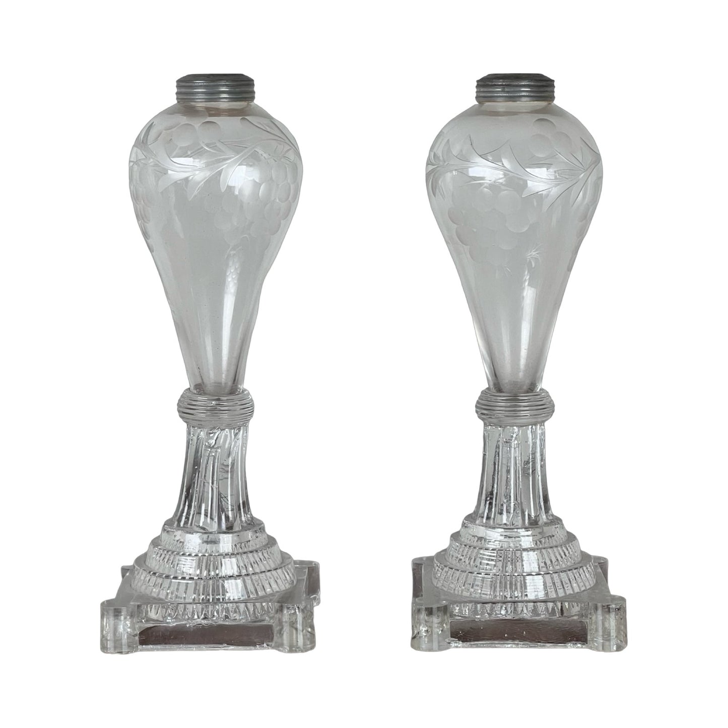 Pair Antique Sandwich Glass Whale Oil Lamps c. 1820