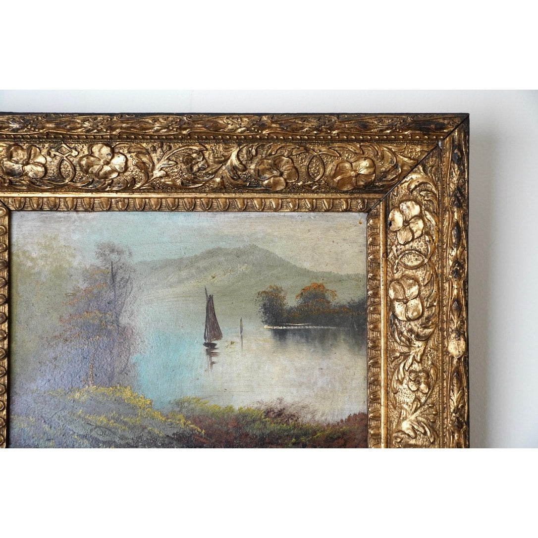 Antique Victorian Oil on Board Painting of Lake Scene with a Sailboat Unsigned c. Late 19th Century