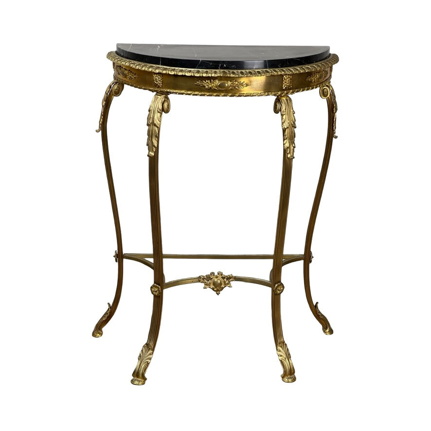 Antique Early 20th Century Louis XV Style Brass and Marble Demilune Table