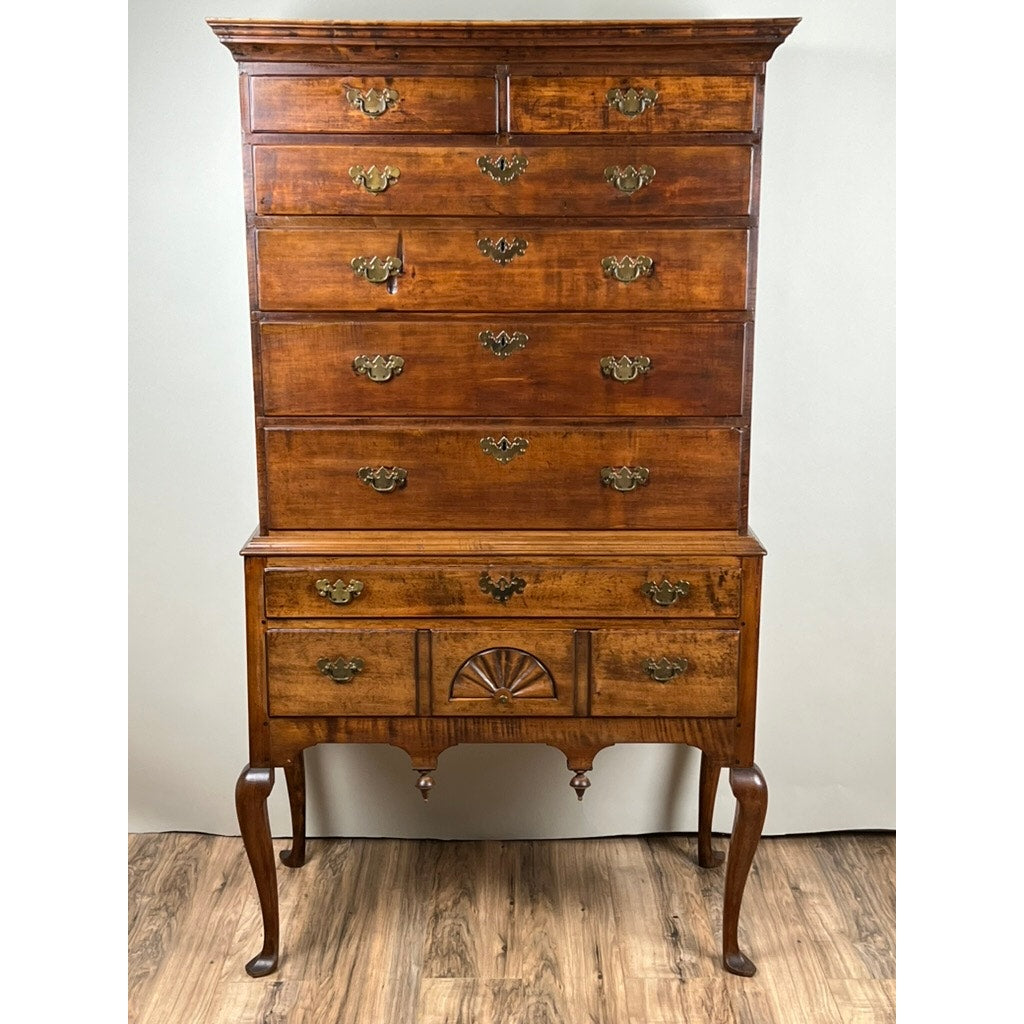Antique 18th Century New England Maple Queen Anne Cornice Top Highboy with Slipper Feet