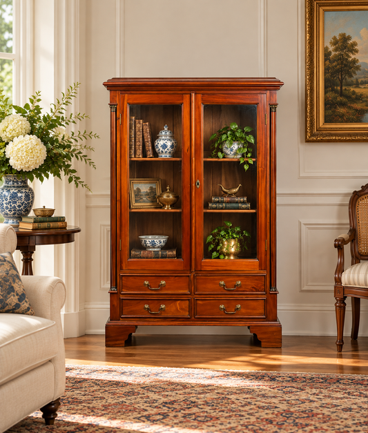Vintage Victorian Style Glass Door Mahogany Bookcase with two glass doors, internal shelves holding books and decorative objects, and four drawers at the base.