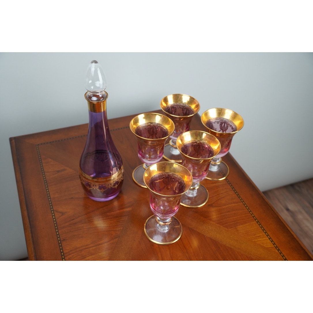 Vintage Six Piece Italian Amethyst Glass Decanter Set with 22k Gold Accents c. 1960