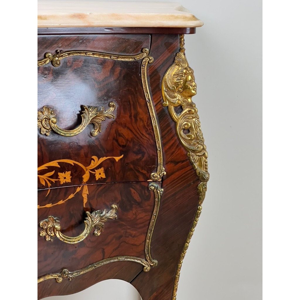 Vintage Louis XV Style Ormolu Mounted Rosewood and Pink Marble Commode