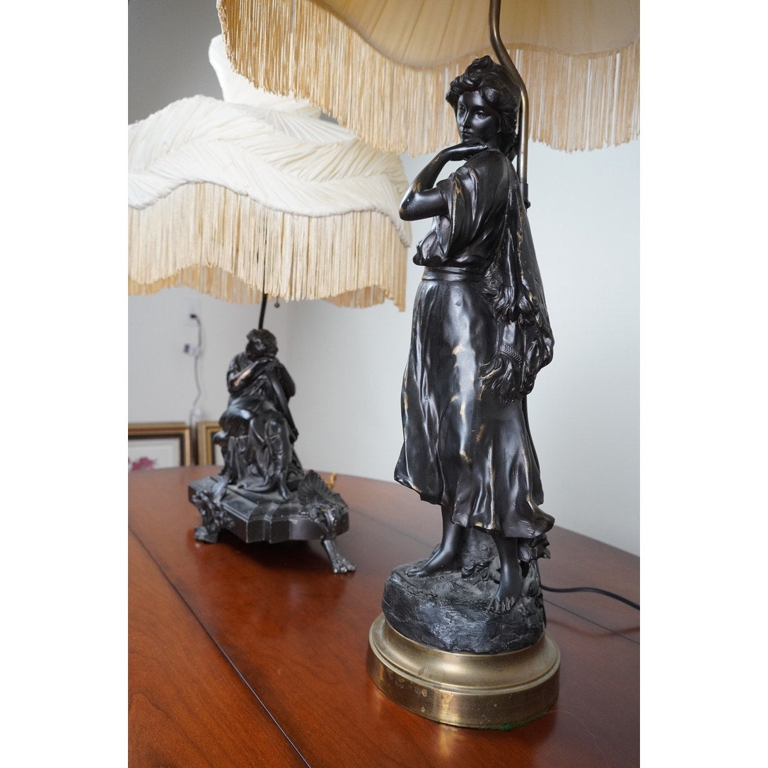 Vintage Pair of Art Nouveau Bronze Finish Figural Lamps c. 1920