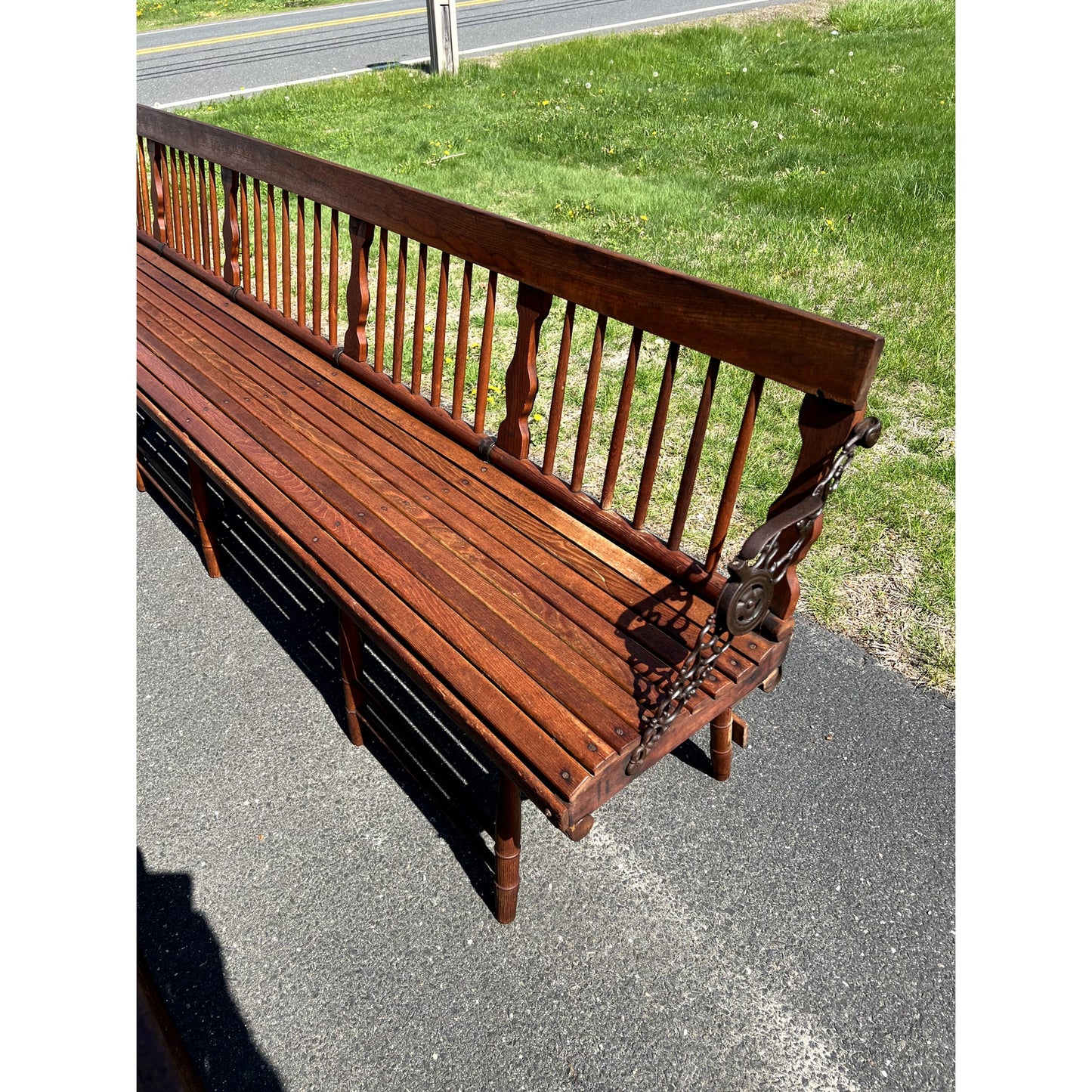 Pair Antique Chestnut Folding Railroad Benches c. Late 19th Century