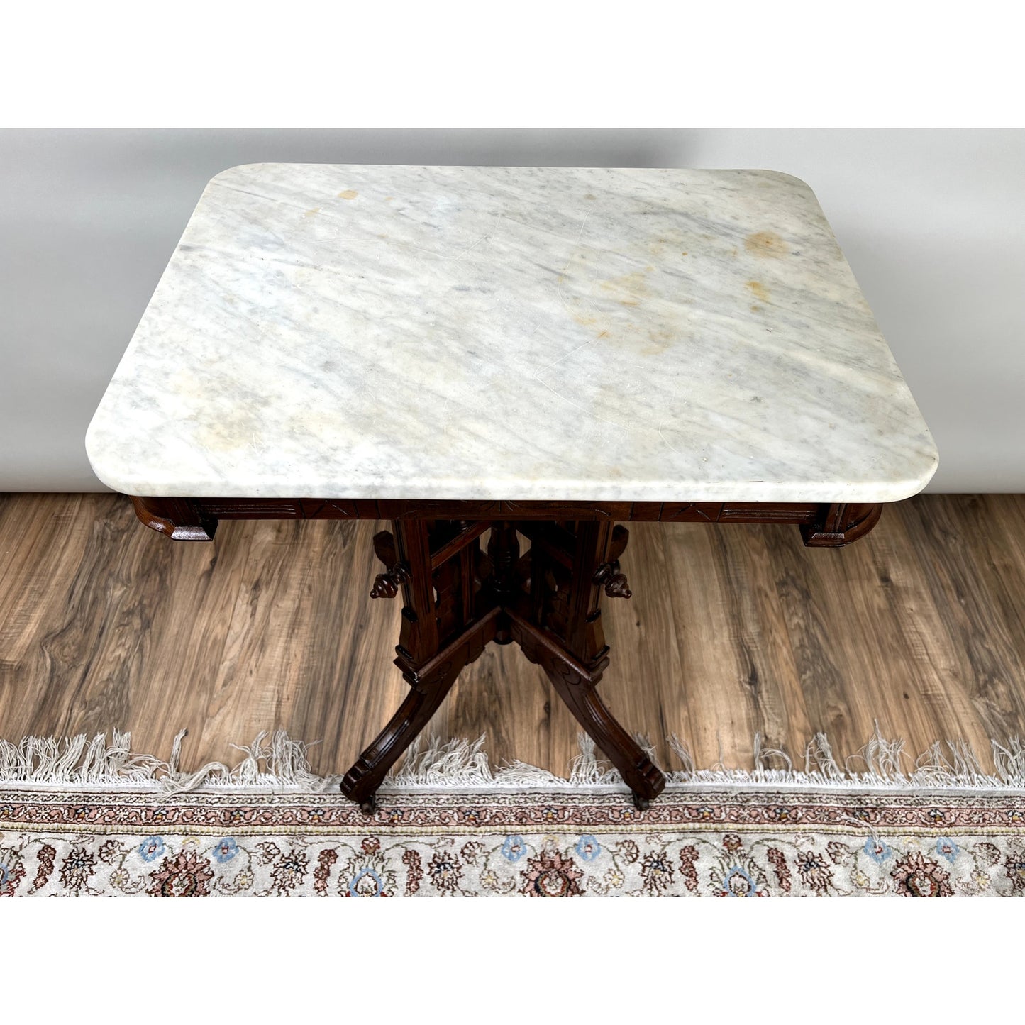 Antique Walnut Eastlake Victorian Tetrapod Marble Top Table c. 1880