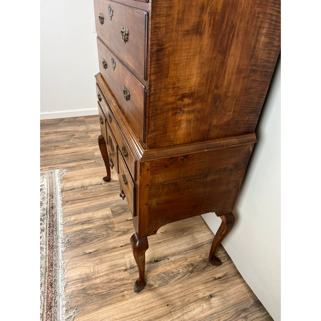 Antique 18th Century New England Maple Queen Anne Cornice Top Highboy with Slipper Feet