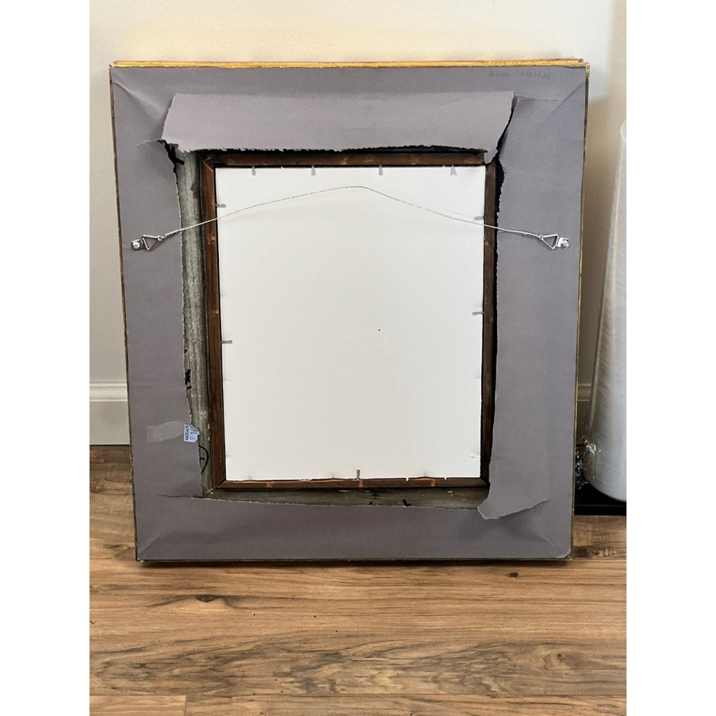 The image shows the back of an Antique Continental School Oil on Board Painting, “Sunny Tree Lined Path,” c. Early 20th Century, with torn gray backing paper, center white panel, hanging wire, and a giltwood frame against a light wall.