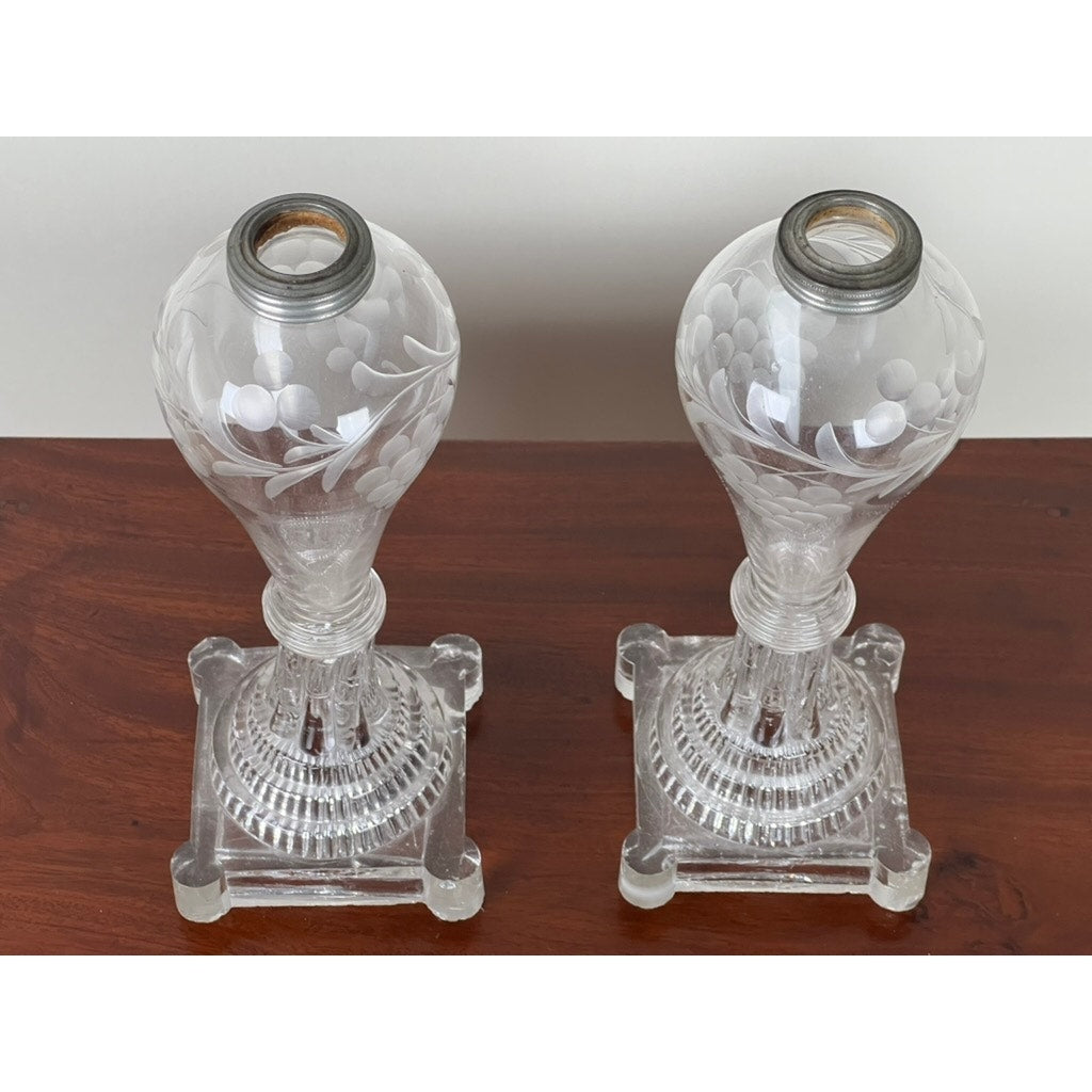 Pair Antique Sandwich Glass Whale Oil Lamps c. 1820