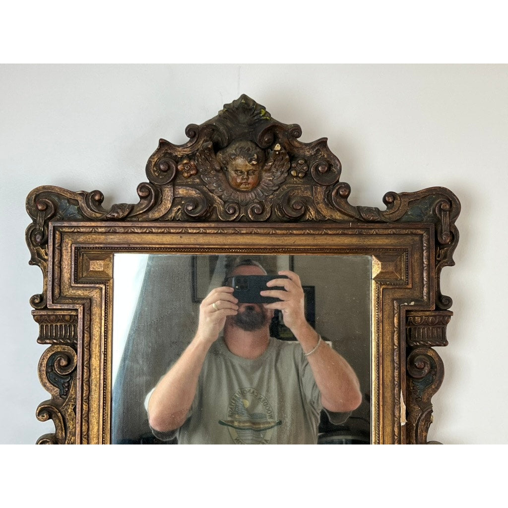Antique Italian Regency Style Wall Mirror with Cherub Crest