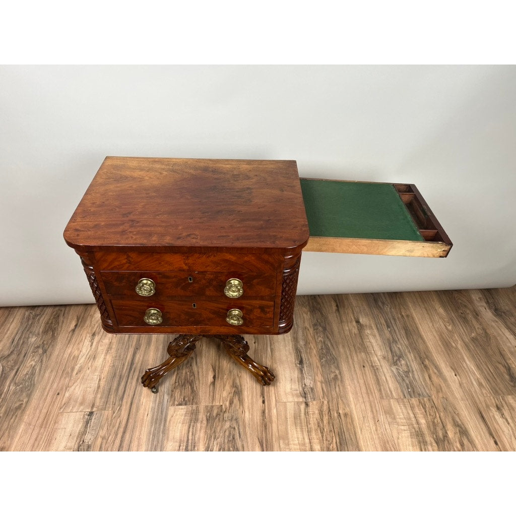 Antique Federal Period Mahogany Work Table with Pineapple Carved Pillars c. 1840
