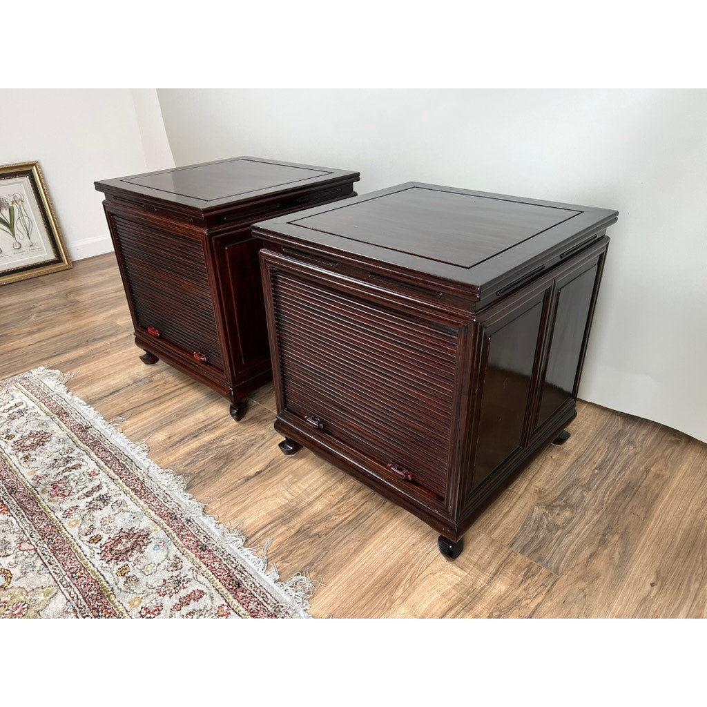 Vintage Pair Solid Rosewood Chinese Tambour Four Drawer End Tables