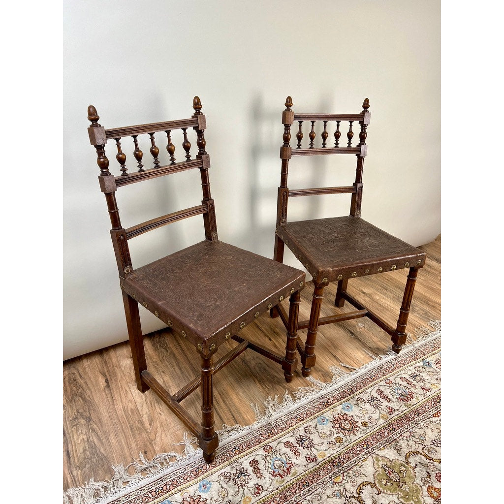 Antique Pair Neo-Baroque Italian Leather Seat Side Chairs c. Early 20th Century