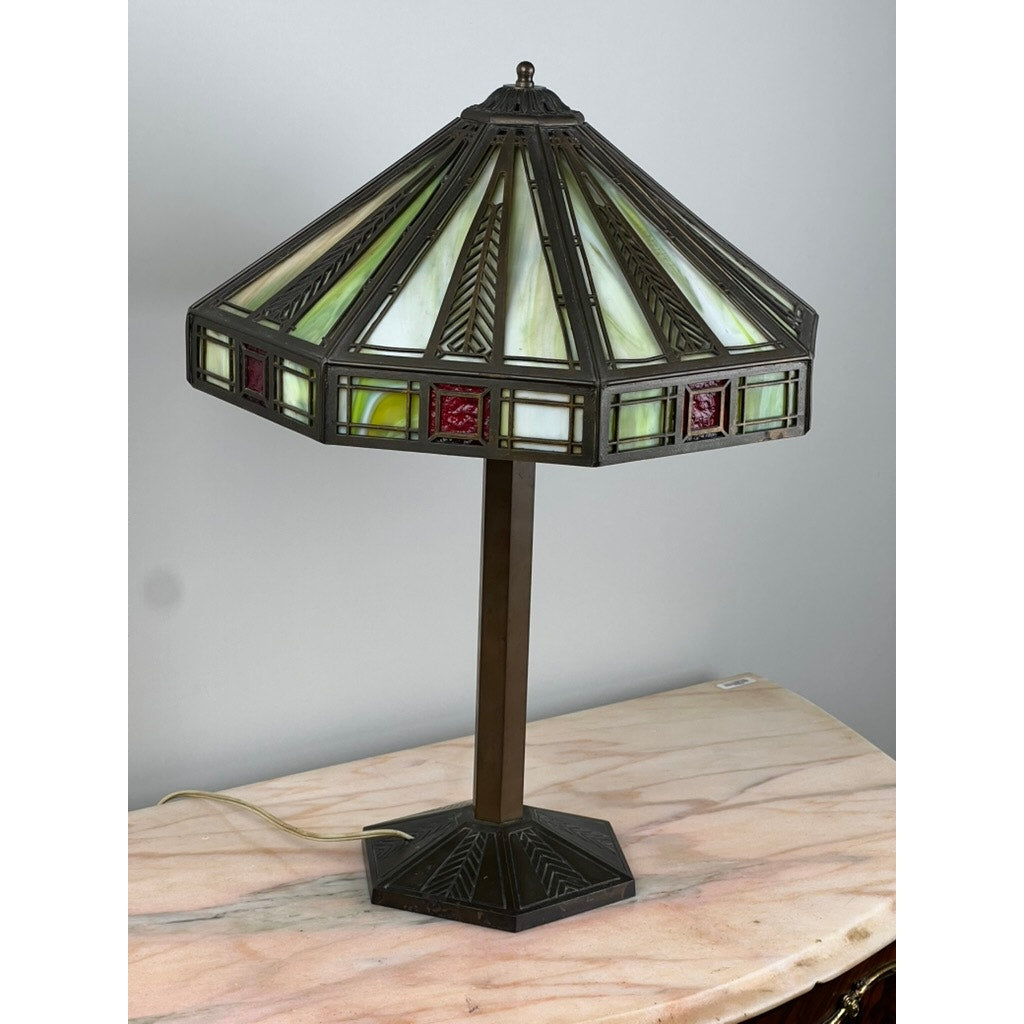 Antique Bradley & Hubbard Arts & Crafts Prairie School Slag Glass Lamp