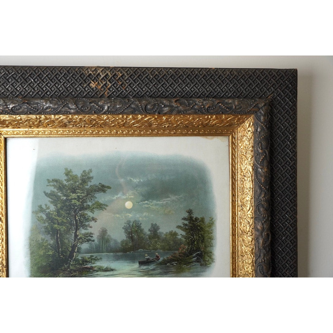 Antique Victorian Art Print “Boating by Moonlight” by William Henry Chandler dated 1893