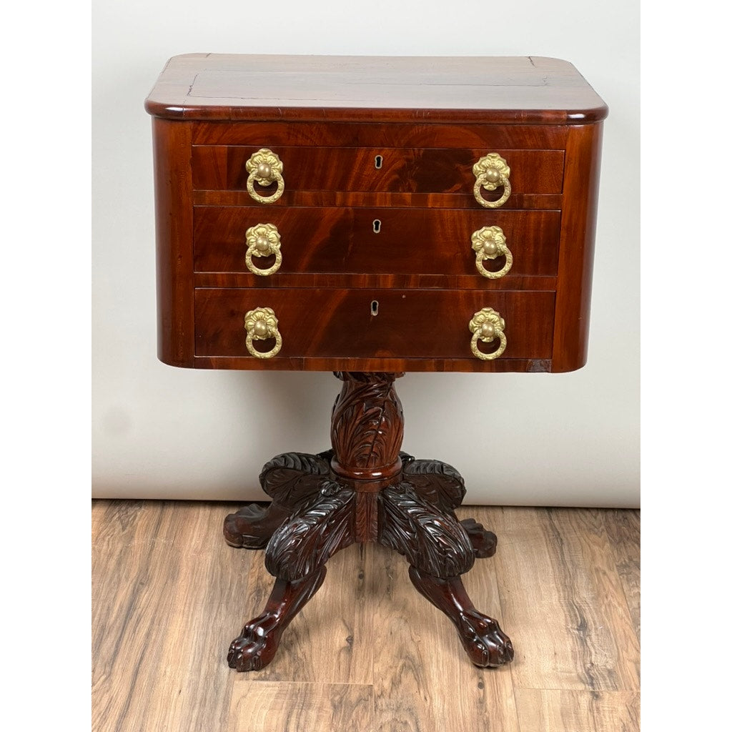 Antique Federal Period Mahogany Three Drawer Stand with Embossed Brass Pulls c. 1820