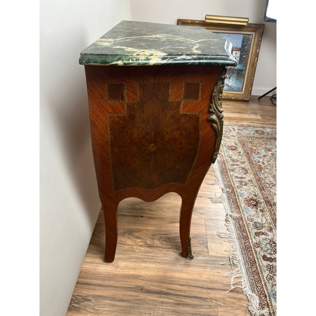 Small Vintage Mahogany Louis XVI Style Two Drawer Bombe Marble Top Commode c. 1940