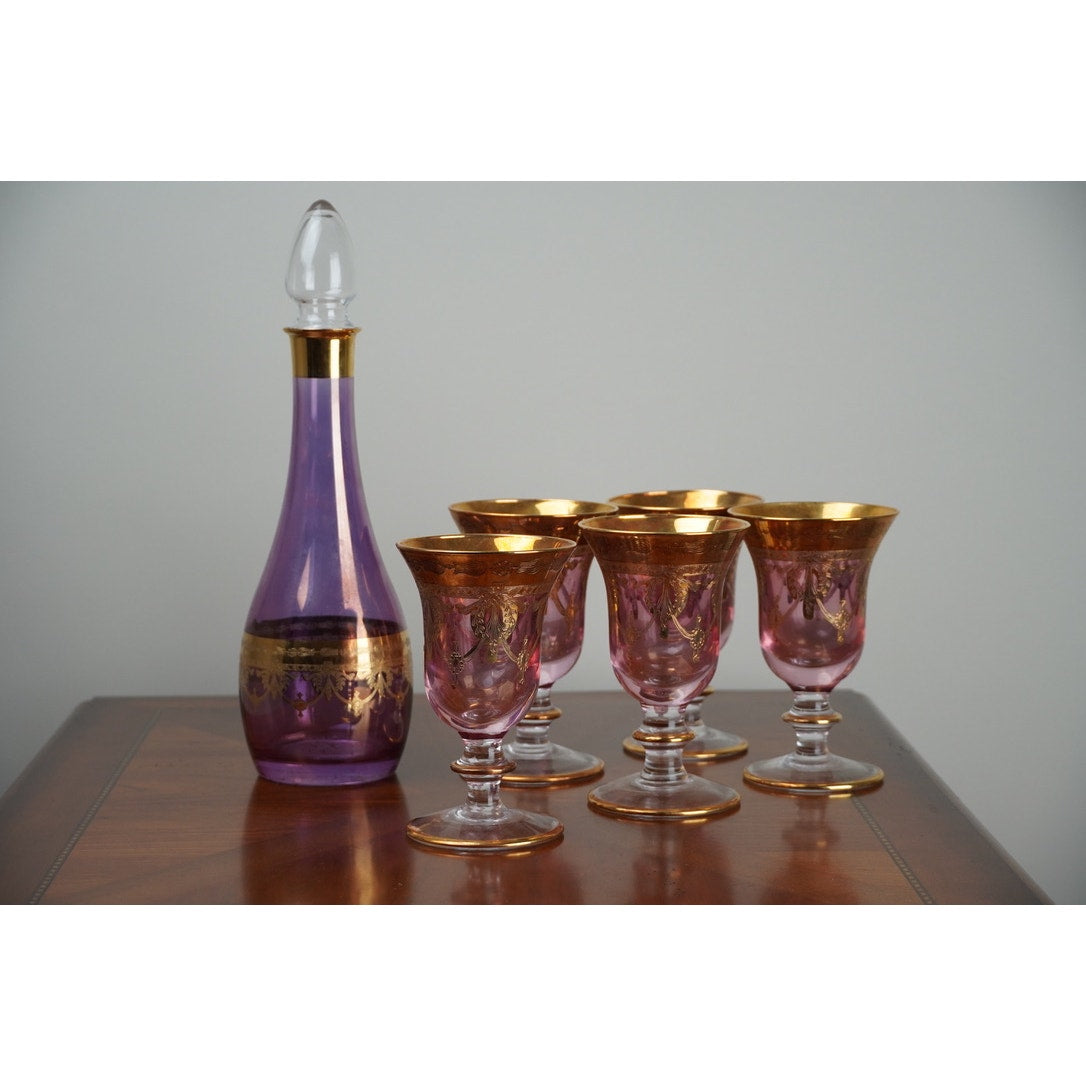 Vintage Six Piece Italian Amethyst Glass Decanter Set with 22k Gold Accents c. 1960