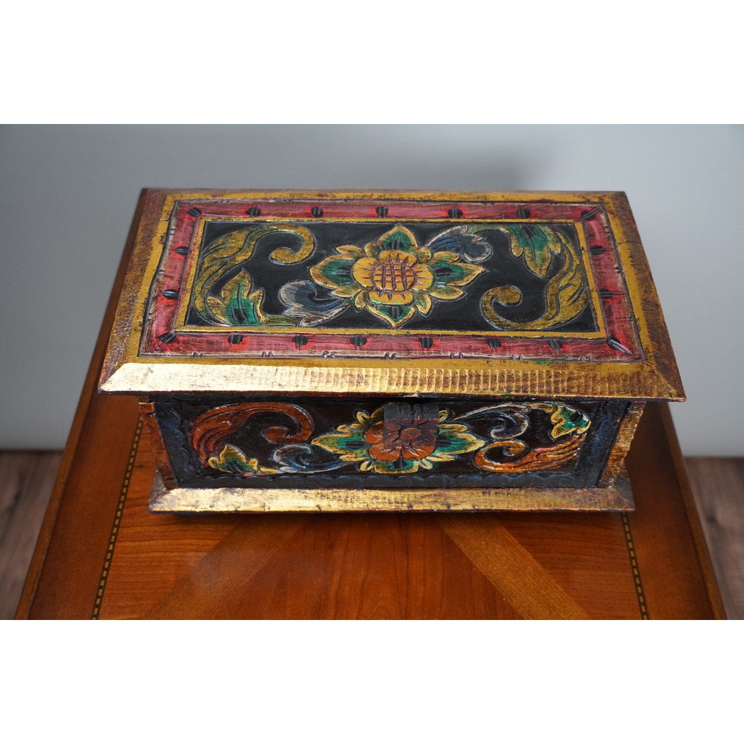 Vintage Indonesian Albacia Wood Carved Painted Box Made in Bali