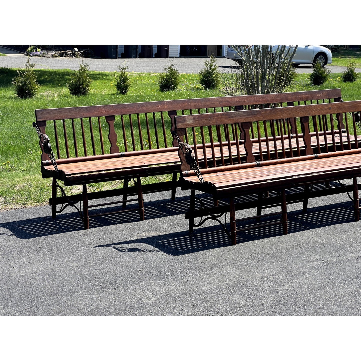 Pair Antique Chestnut Folding Railroad Benches c. Late 19th Century