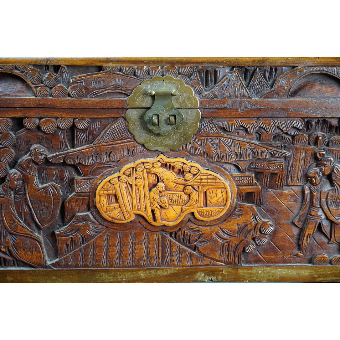 Antique Asian Carved Camphor Wood Storage Box