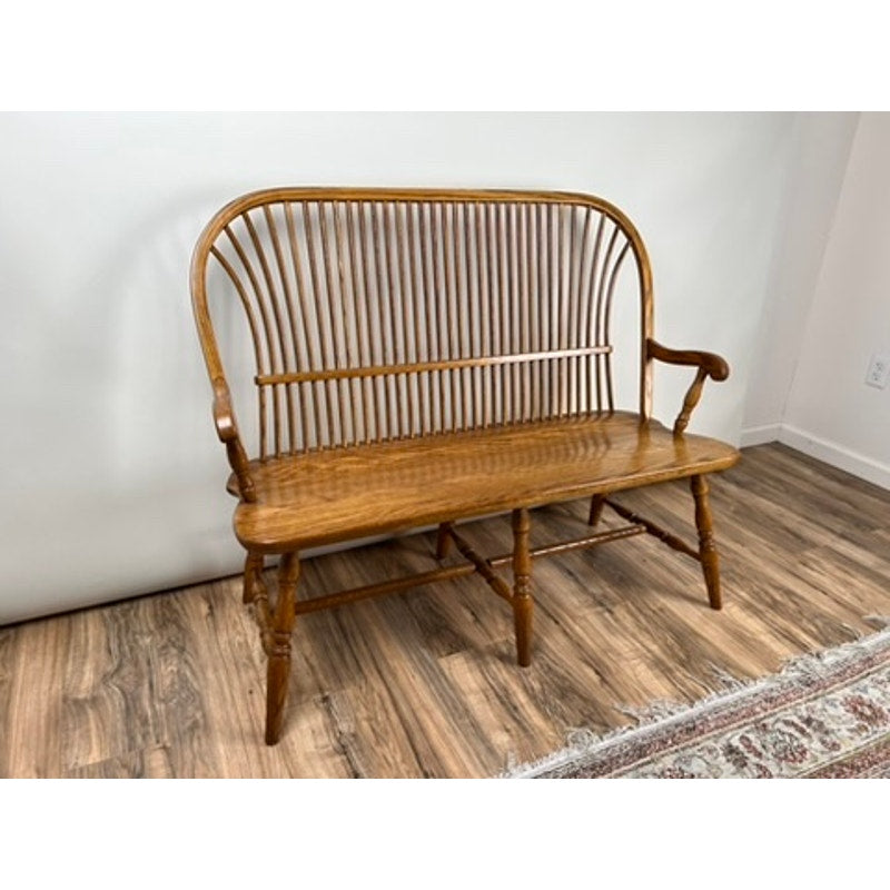 Vintage Amish oak Windsor bench with tall spindle back