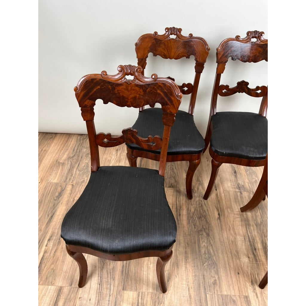 Antique Suite of Four Empire Flame Mahogany Saber Leg Chairs c. 1840 Signed by the Maker