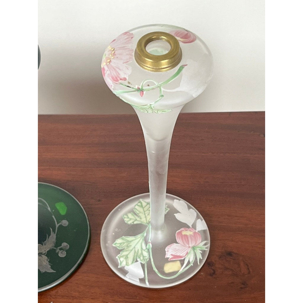 This Pair of Antique Art Nouveau Fluted Oil Lamps c. 1920 features frosted glass with hand-painted pink flowers and green leaves, brass inserts, and is reminiscent of vintage lamp designs. Brand: None/Unknown.