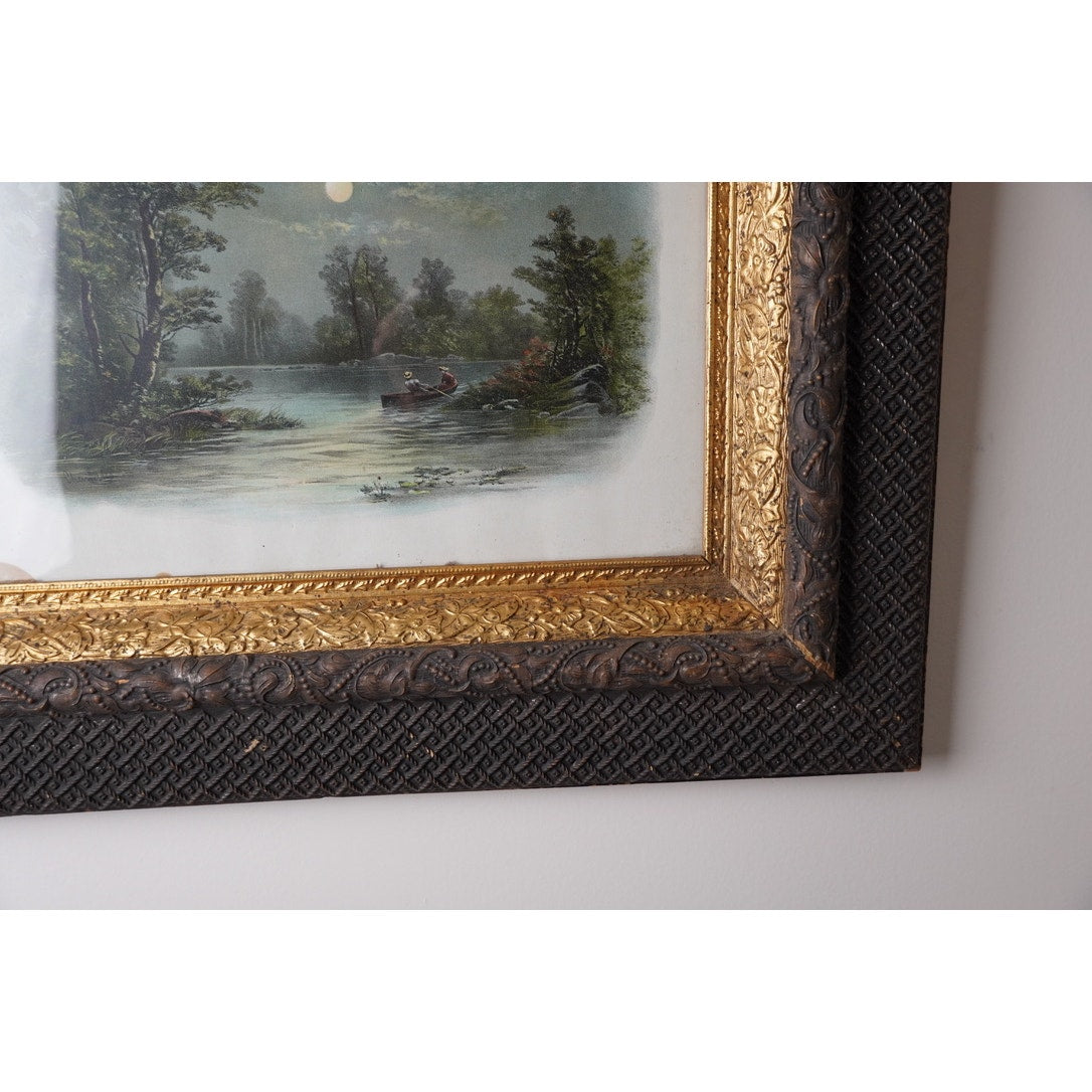 Antique Victorian Art Print “Boating by Moonlight” by William Henry Chandler dated 1893