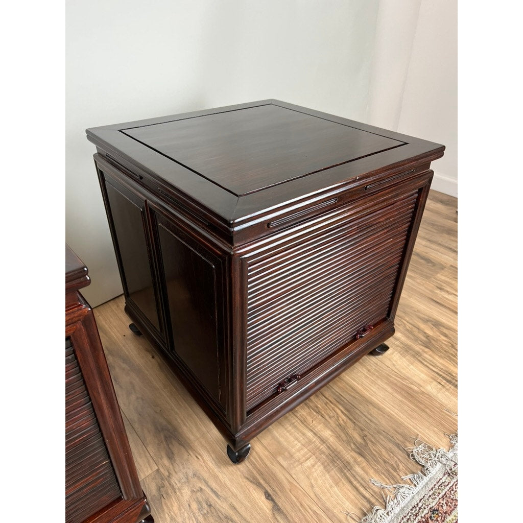 Vintage Pair Solid Rosewood Chinese Tambour Four Drawer End Tables