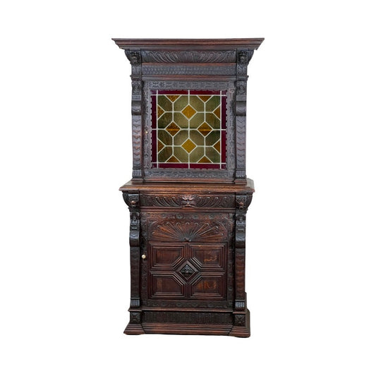 Antique Gothic Revival Carved Oak Green Man Cabinet c. Mid 19th Century