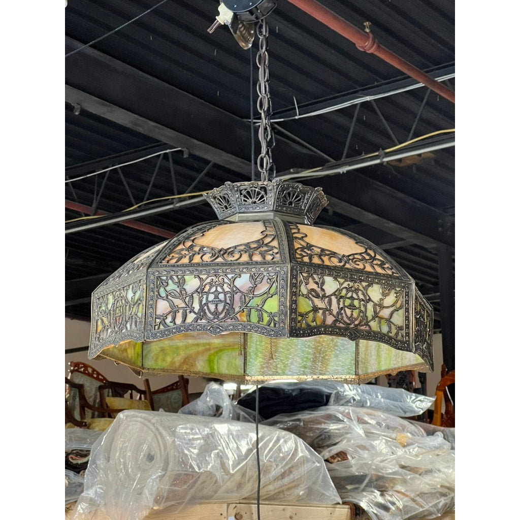 Early 20th century hanging lamp with floral metalwork and slag glass shade