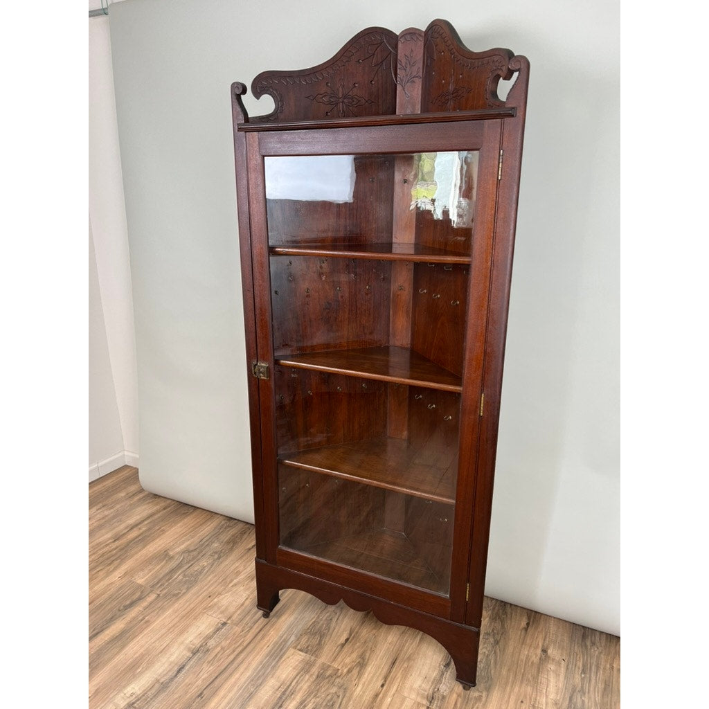 Antique Arts and Crafts Walnut Glass Door Corner Cabinet c. 1910