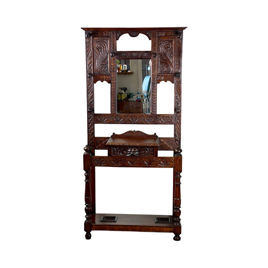 Antique Gothic Revival Green Man Oak Hall Tree c. Late 19th Century