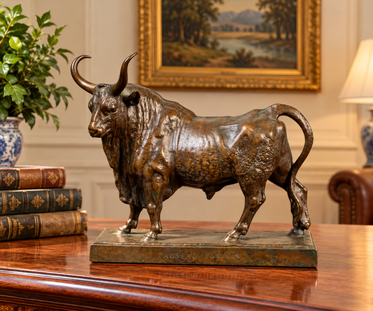 Jean-Baptiste Clesinger Taureau Romain Bronze Sculpture, Barbedienne Foundry, Rome 1858, a bronze of a standing bull inscribed TAUREAU-ROMAIN on its rectangular base, set on a polished wooden desk.