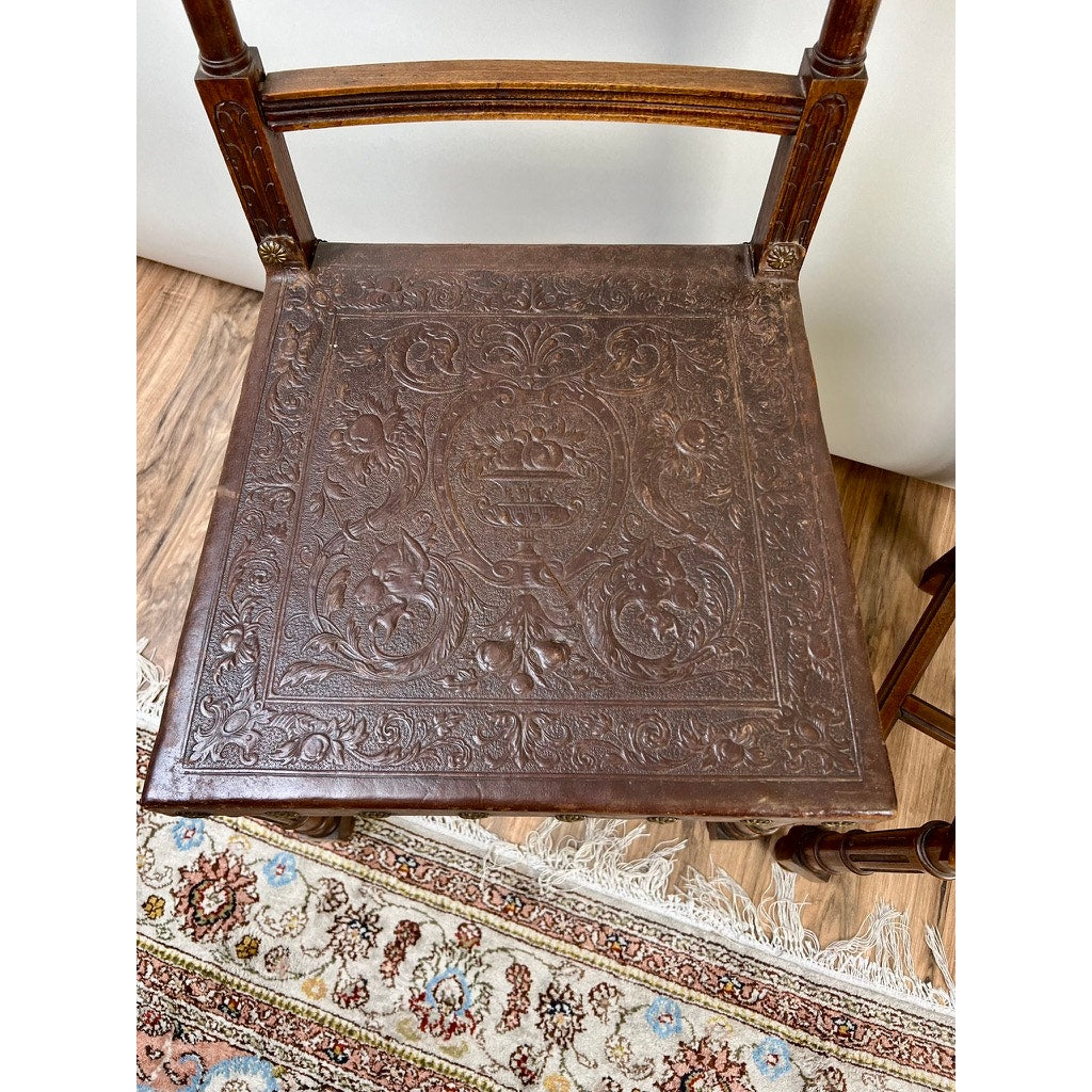 Antique Pair Neo-Baroque Italian Leather Seat Side Chairs c. Early 20th Century