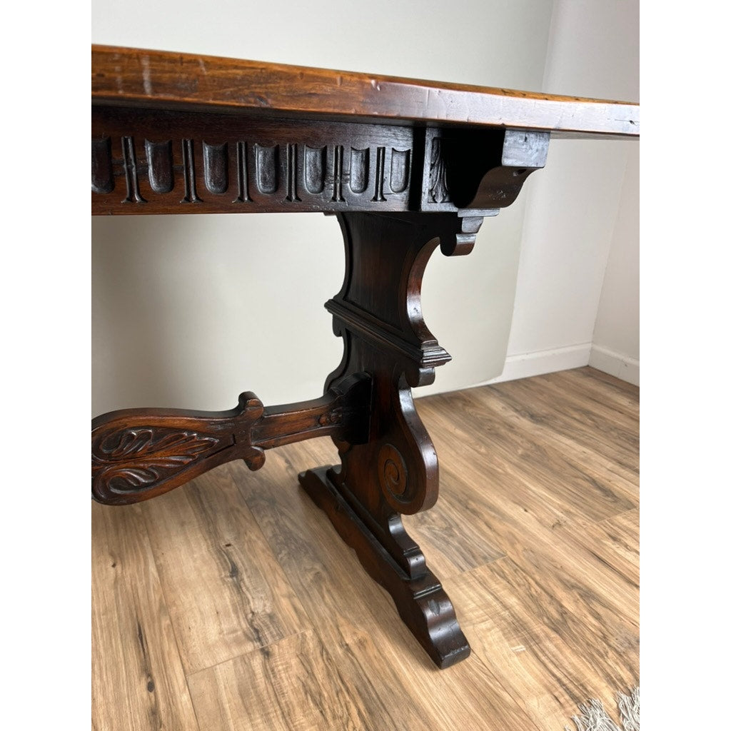 Antique Italian Renaissance Revival Walnut Trestle Console Table c. Late 19th Century