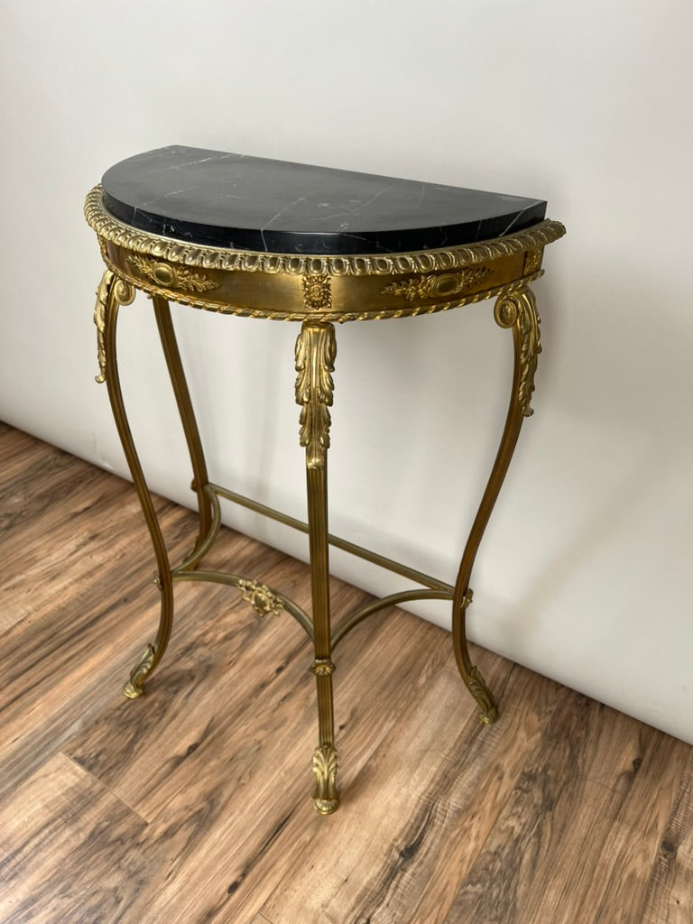 Antique Early 20th Century Louis XV Style Brass and Marble Demilune Table