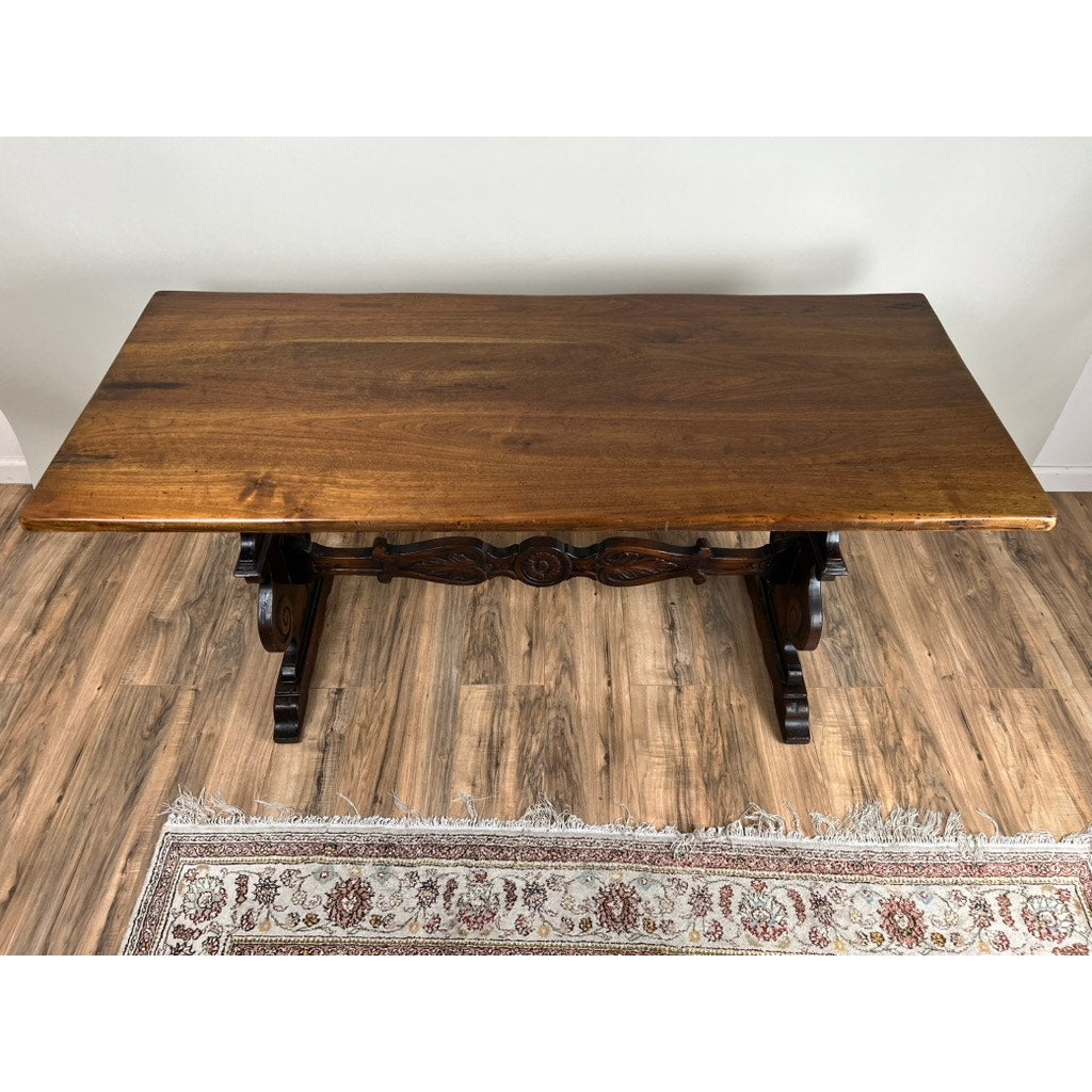 Antique Italian Renaissance Revival Walnut Trestle Console Table c. Late 19th Century
