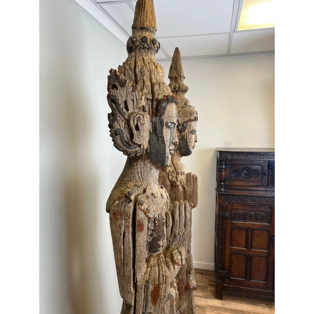 Antique Burmese Teak Monastic Attendants or Guardian Angels c. 19th Century