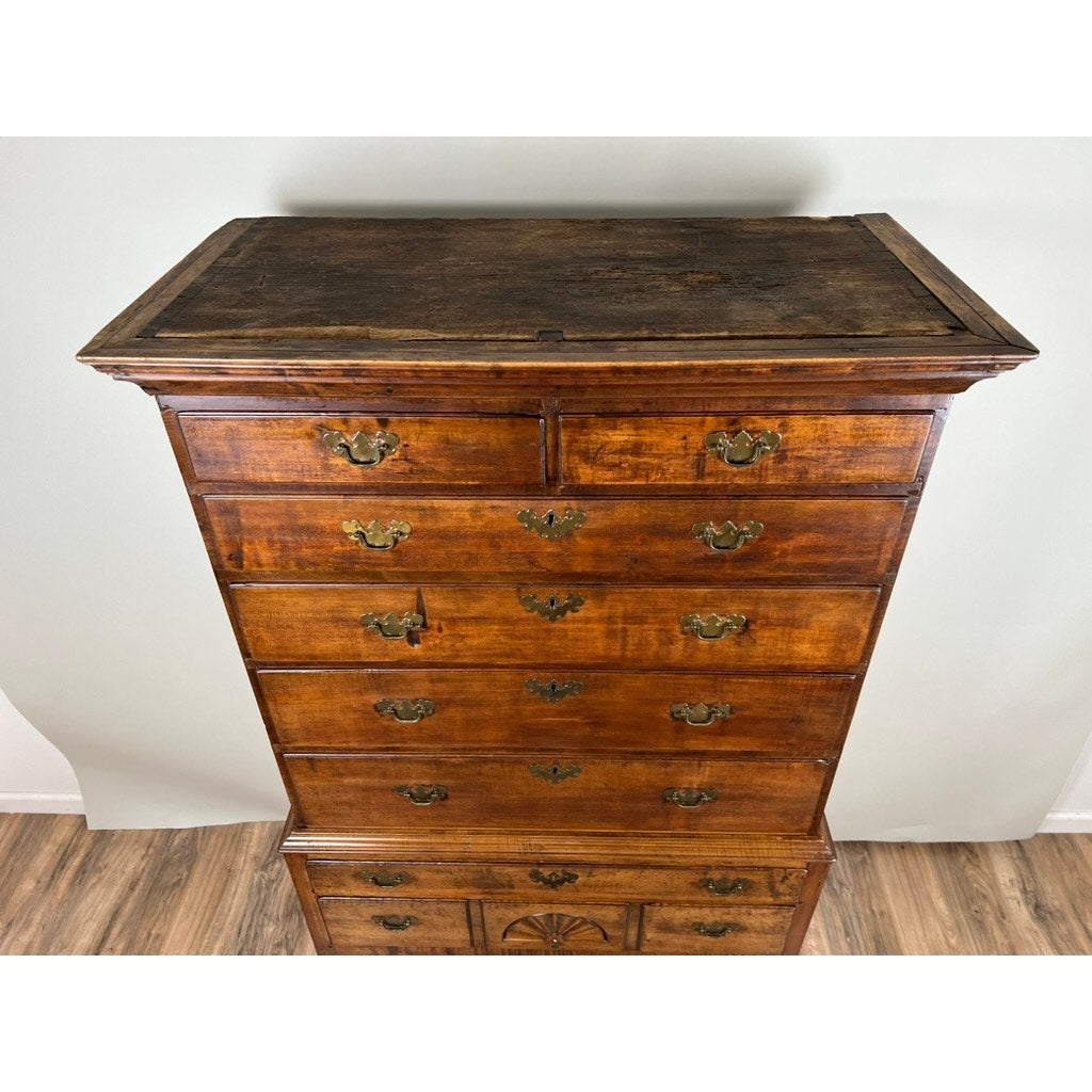 Antique 18th Century New England Maple Queen Anne Cornice Top Highboy with Slipper Feet