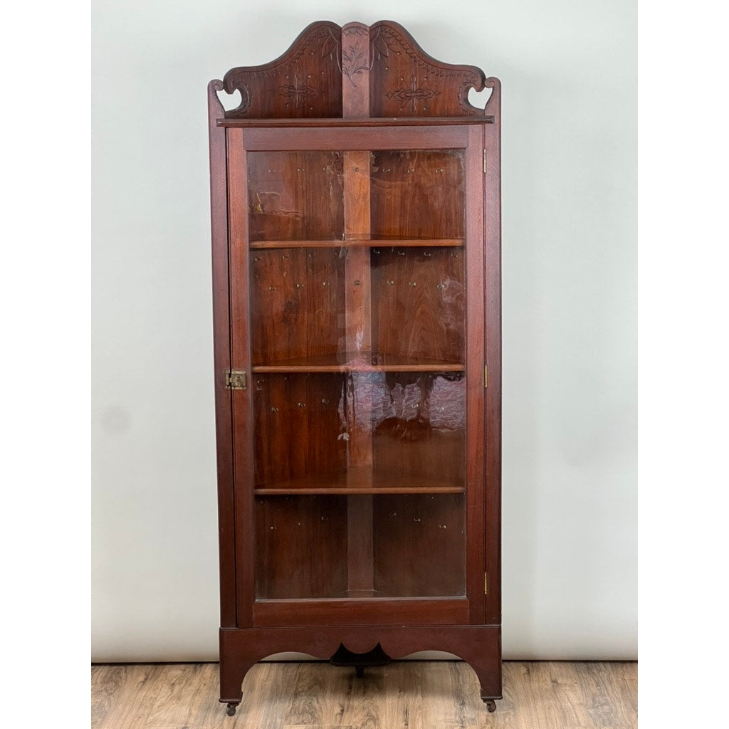 Antique Arts and Crafts Walnut Glass Door Corner Cabinet c. 1910