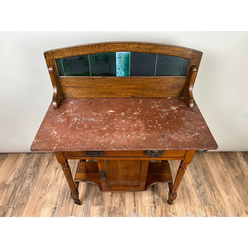 Antique Edwardian Marble Top Wash Stand with Tile Back Splash c. 1917