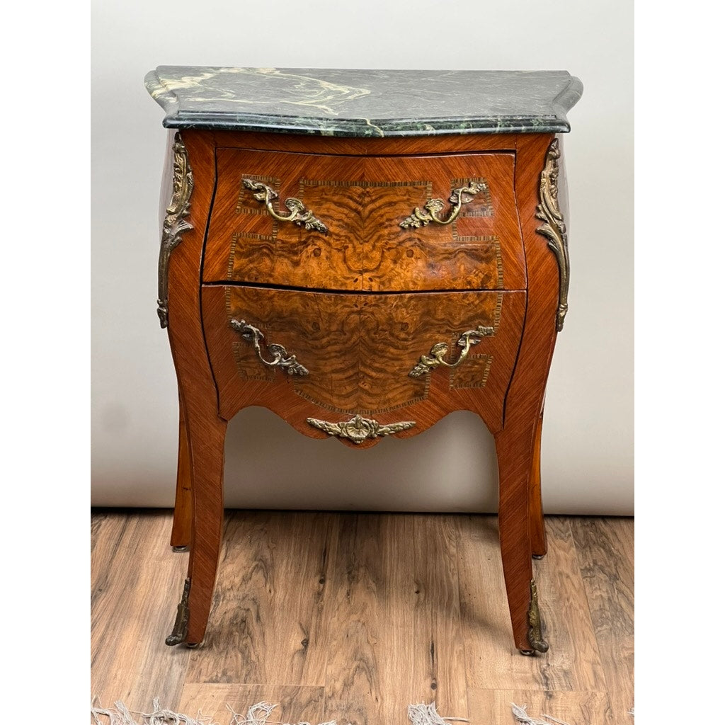 Small Vintage Mahogany Louis XVI Style Two Drawer Bombe Marble Top Commode c. 1940