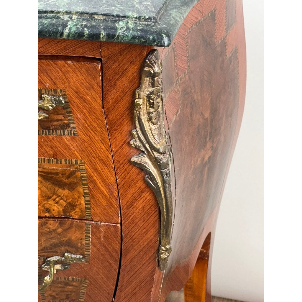 Small Vintage Mahogany Louis XVI Style Two Drawer Bombe Marble Top Commode c. 1940