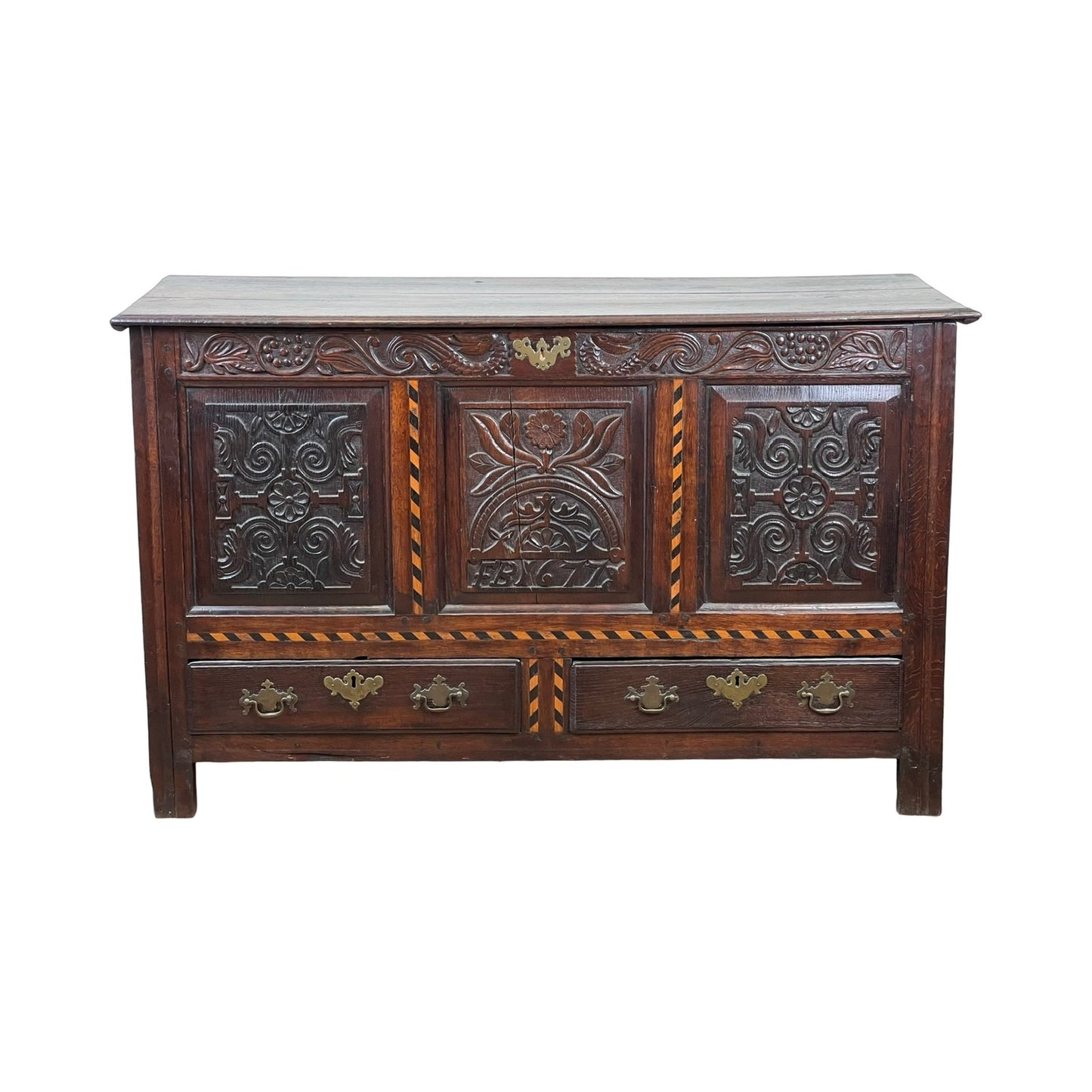 Antique English Oak Mule Chest with Barber Pole Inlay c. 1677