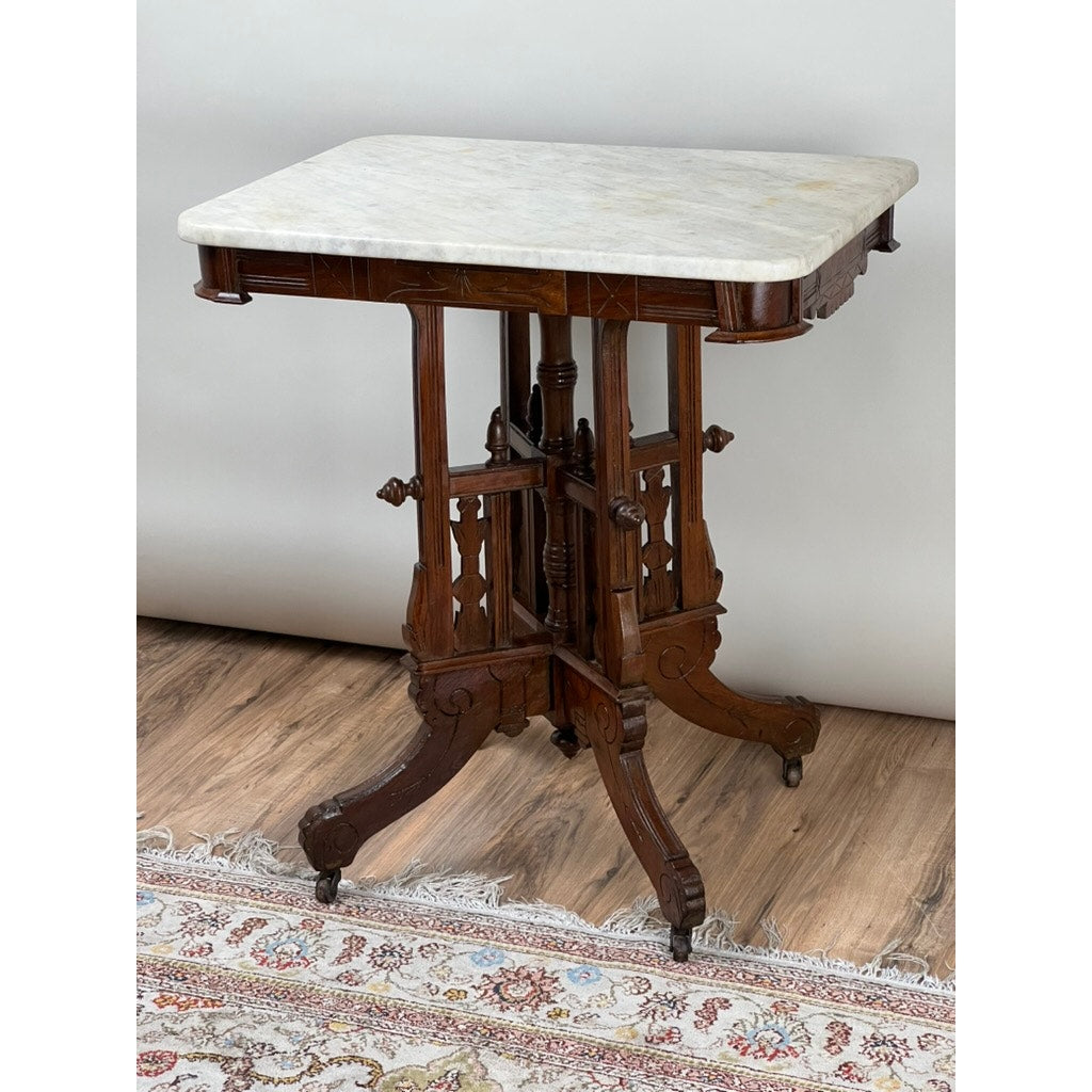 Antique Walnut Eastlake Victorian Tetrapod Marble Top Table c. 1880