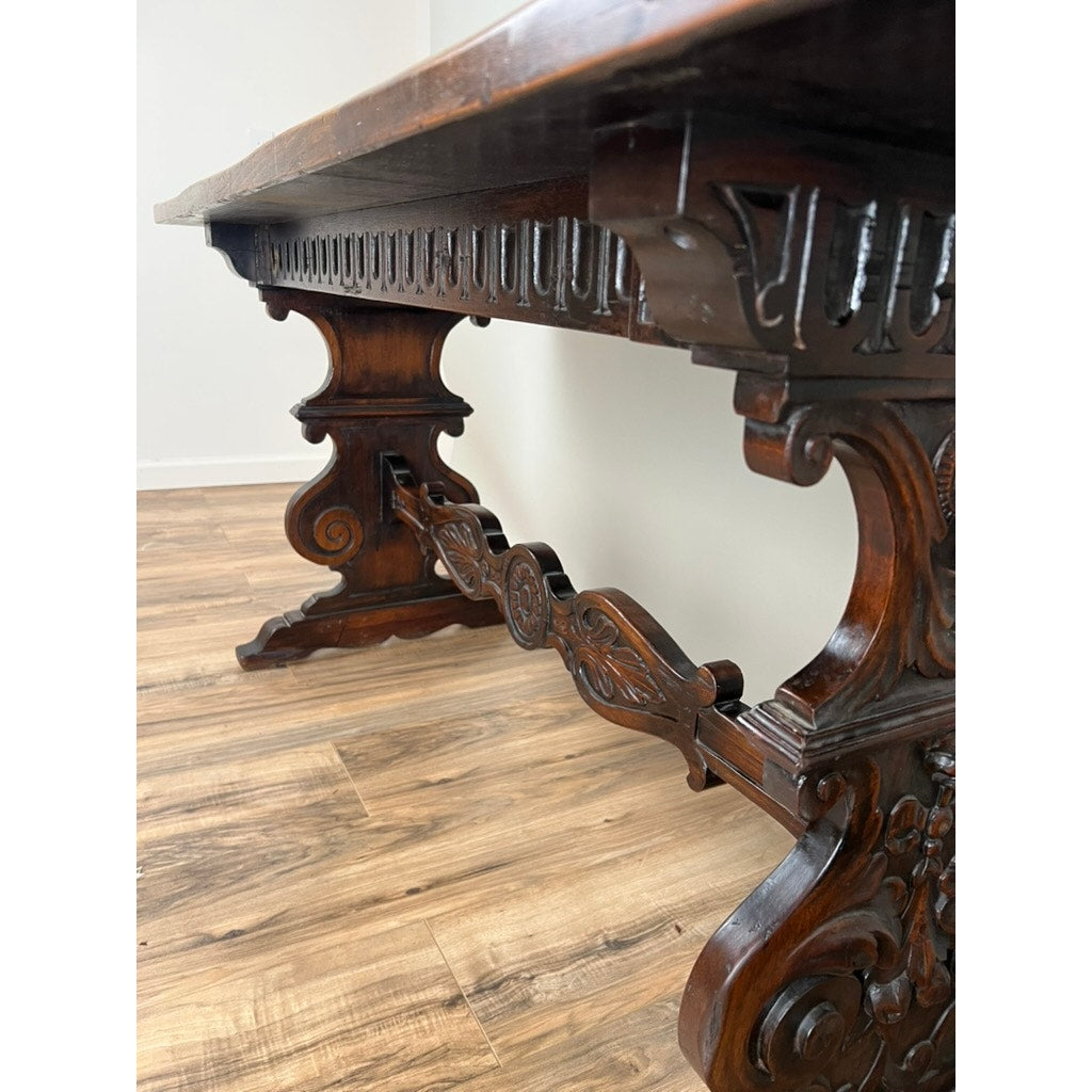 Antique Italian Renaissance Revival Walnut Trestle Console Table c. Late 19th Century